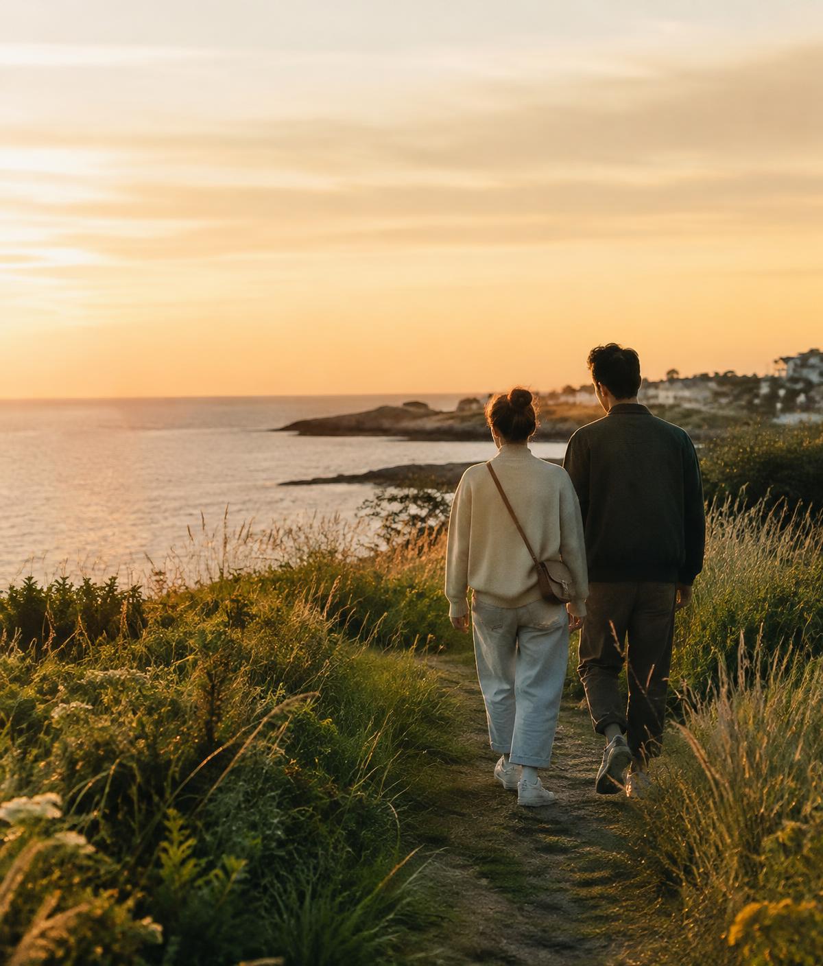 Two people walking a coastal trail at sunset